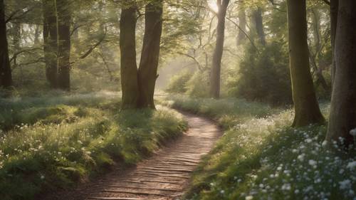 Un chemin boisé calme baigné d&#39;une douce lumière matinale avec la citation « Si vous voulez la paix, ne parlez pas à vos amis. Vous parlez à vos ennemis » gravée sur le chemin lui-même.