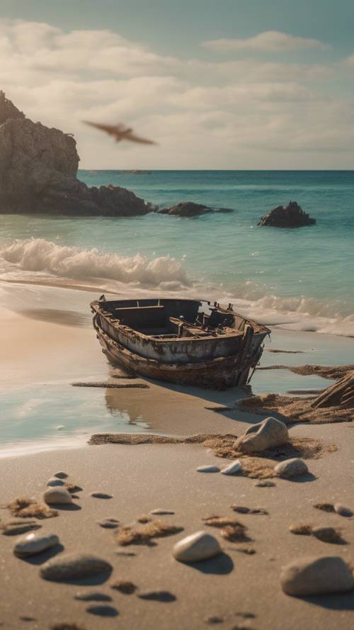 A beautiful beach scene with a sunken shipwreck close to the shore, attracting an array of sea life.
