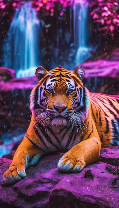 Seekor harimau neon tergeletak dengan tenang di samping air terjun neon.