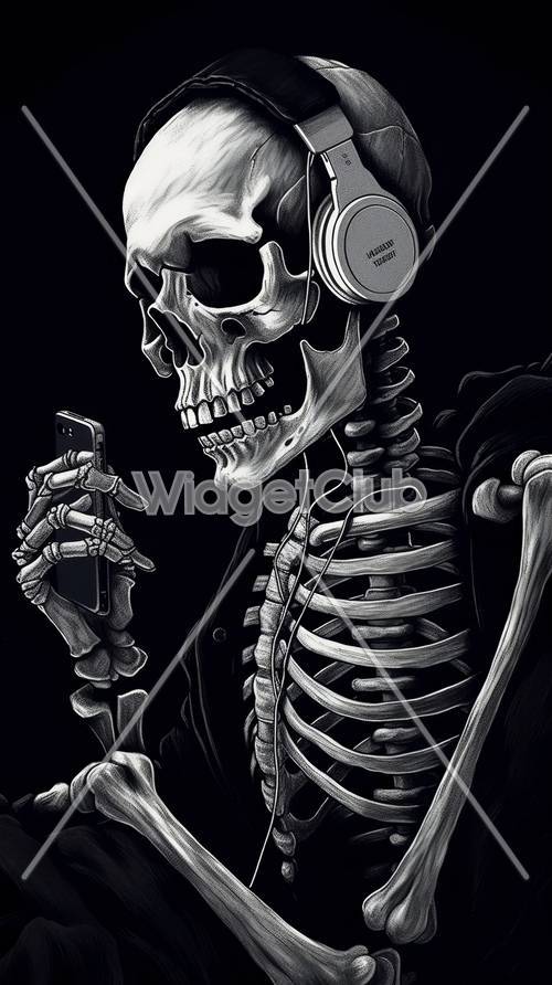 Esqueleto con auriculares escuchando música en un teléfono inteligente