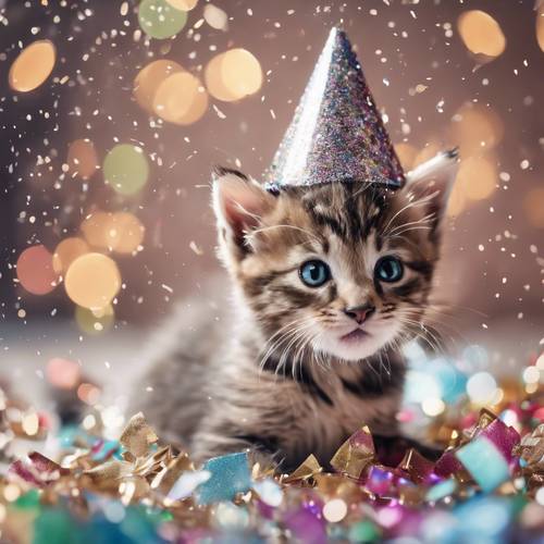 Un petit chaton espiègle sur un chapeau de fête du Nouvel An brillant, immergé dans une pluie de confettis scintillants.