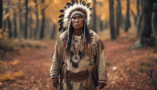 Plemię indiańskie w jesiennym lesie na zachodzie.