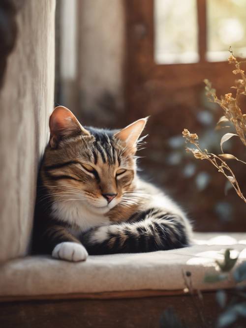 Lukisan tenang seekor kucing sedang tidur meringkuk di sudut yang nyaman.