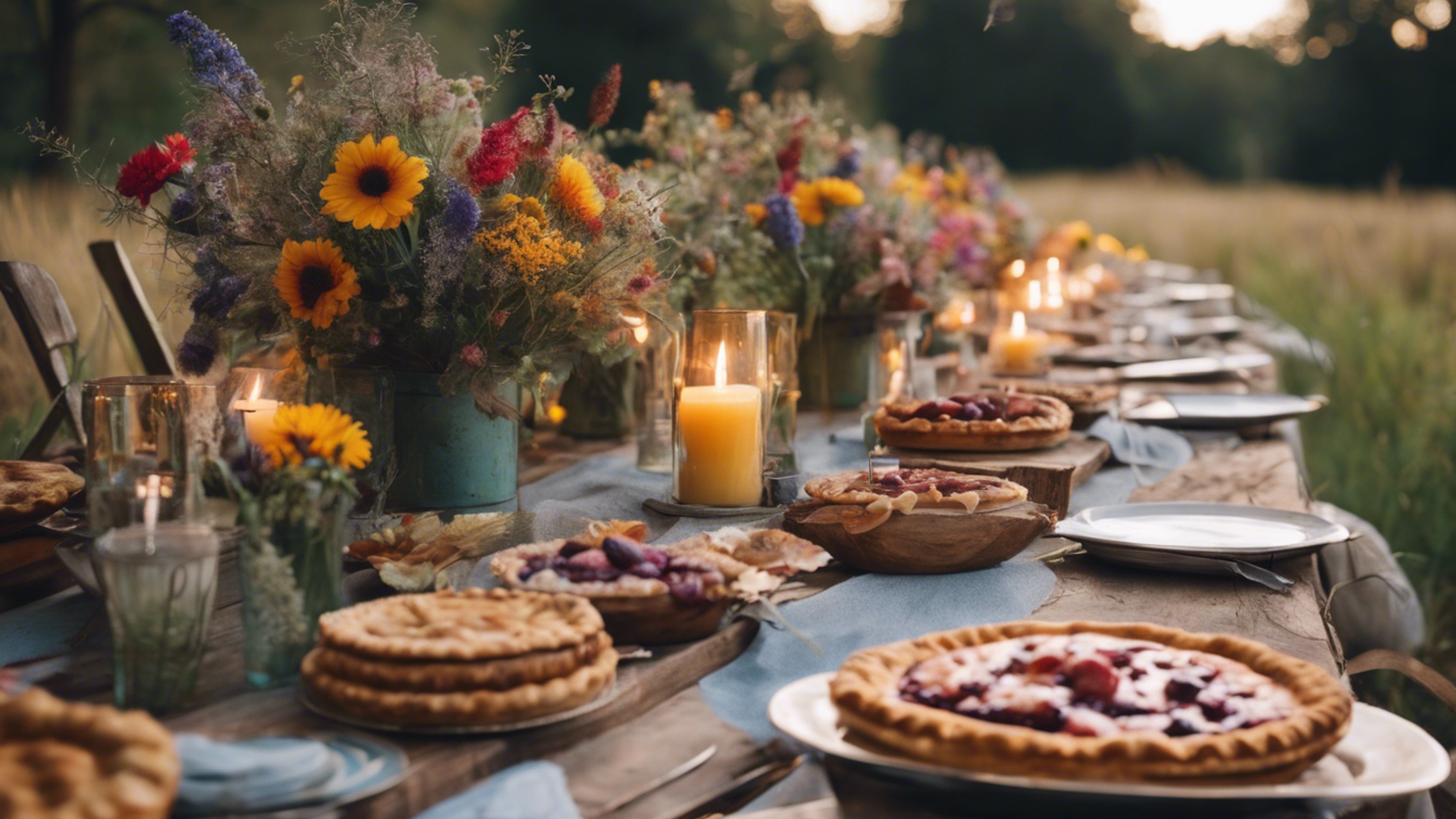 A rustic outdoor gathering; wooden tables covered with candles, homemade pies, and colourful wildflowers. Wallpaper[b624c356f7d649fa8c66]
