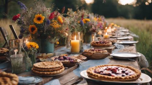 A rustic outdoor gathering; wooden tables covered with candles, homemade pies, and colourful wildflowers.