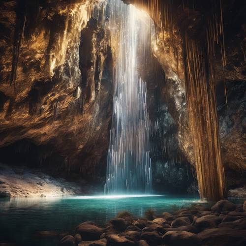 Air terjun ajaib dan berkilauan, mengalir dari kristal bercahaya berukuran raksasa di dalam gua yang mempesona.