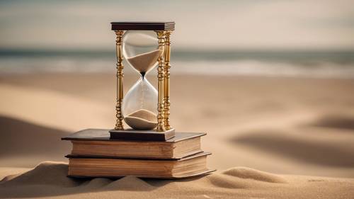 An antique hourglass sitting atop a stack of classic literature, a quote about time and studying is reflected on the grains of sand. Wallpaper [b747d3fff2bc425f8797]