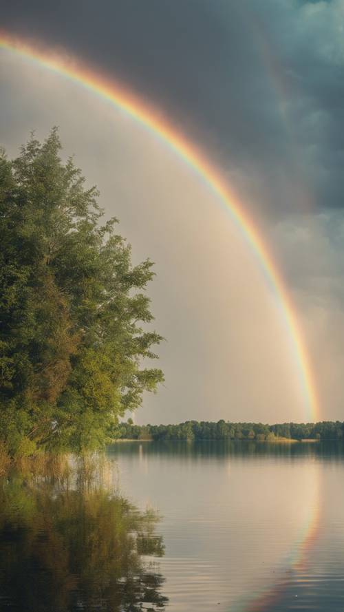 Ein doppelter Regenbogen am Himmel mit der Zahl „2222“, die in einem ruhigen See darunter schwebt und sich spiegelt.