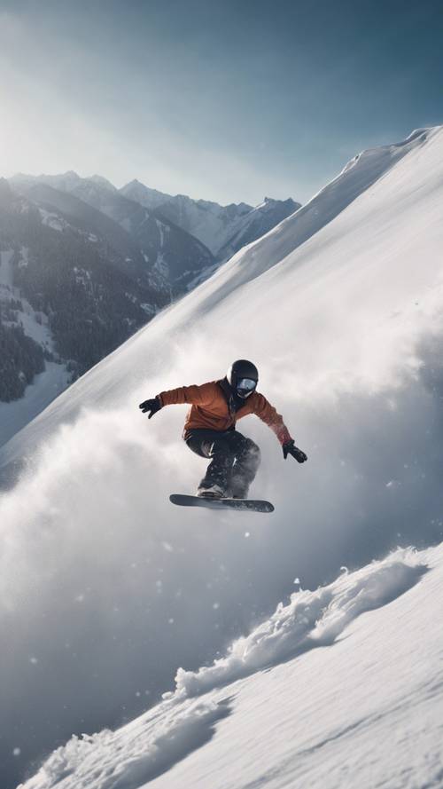 Un snowboarder professionnel plongeant sur une pente raide de montagne dans une poudreuse profonde et intacte.