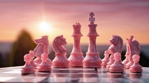Um xadrez de mármore rosa colocado sobre uma mesa de mármore, pronto para um jogo com o pôr do sol como pano de fundo.