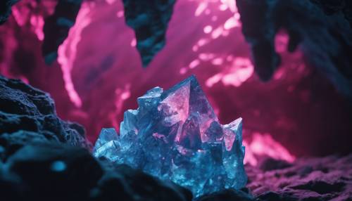 Eine Nahaufnahme eines leuchtenden rosa und blauen Kristalls unter dem tiefen Abgrund einer Höhle