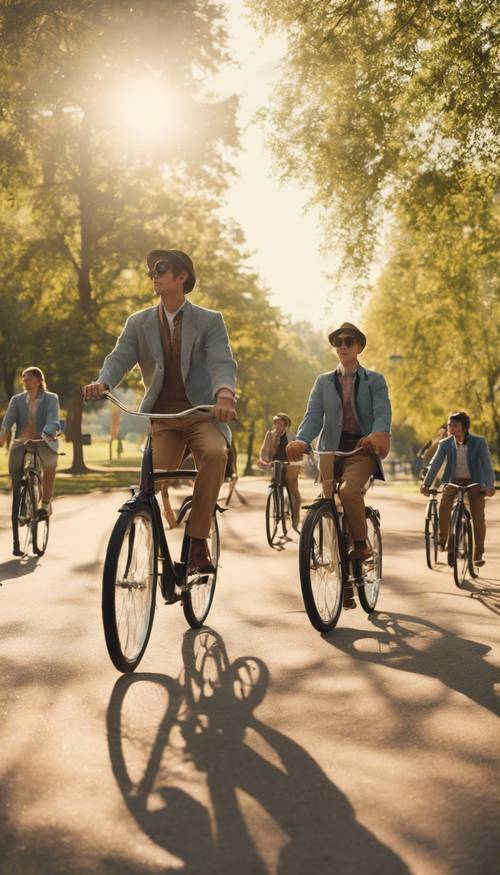 A group of preppy indie people riding vintage bikes through a sunlit park.