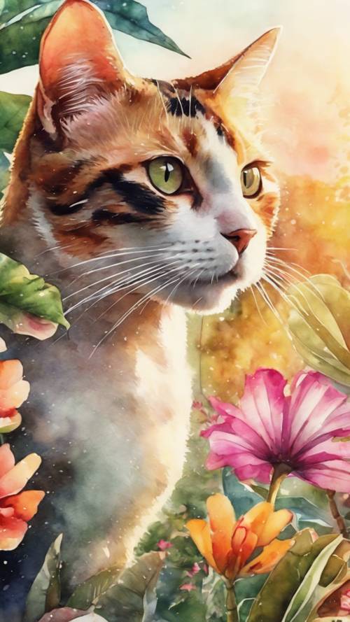 Piękna akwarela przedstawiająca uroczego perkalowego kota bawiącego się wśród egzotycznych tropikalnych kwiatów podczas marzycielskiego zachodu słońca.