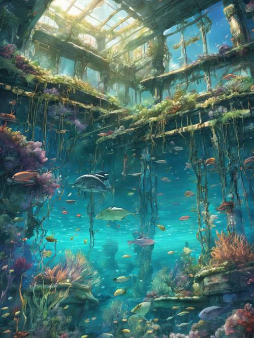 Illustration of an eerily enchanting anime world submerged underwater.