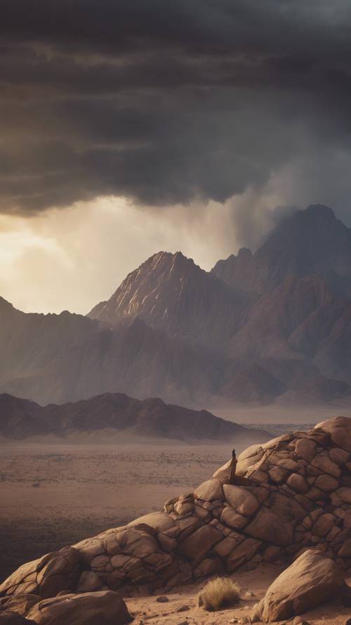 Classic view of Mount Sinai under a stormy sky, with Moses receiving the ten commandments.