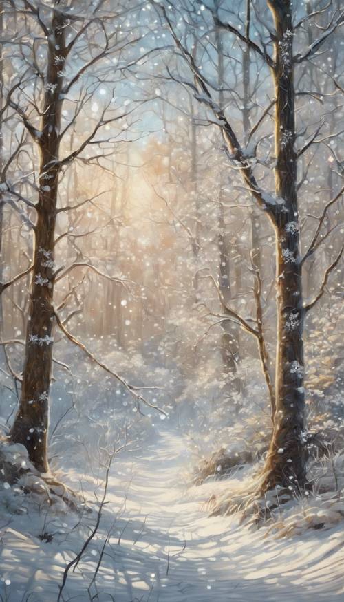 Una pintura de estilo Art Nouveau que presenta una escena de bosque invernal con delicados patrones de copos de nieve.