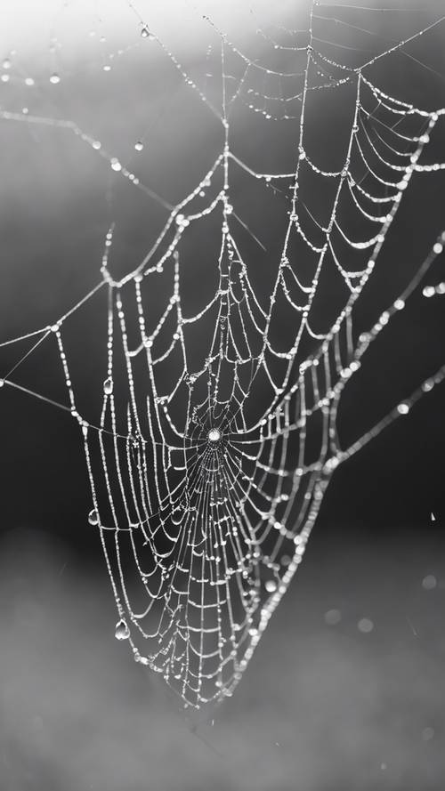 A monochrome close-up photo of a spiderweb covered with dewdrops.