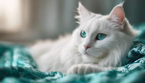 Delikatny, puszysty, biały kot wylegujący się na turkusowym kocu z adamaszku.