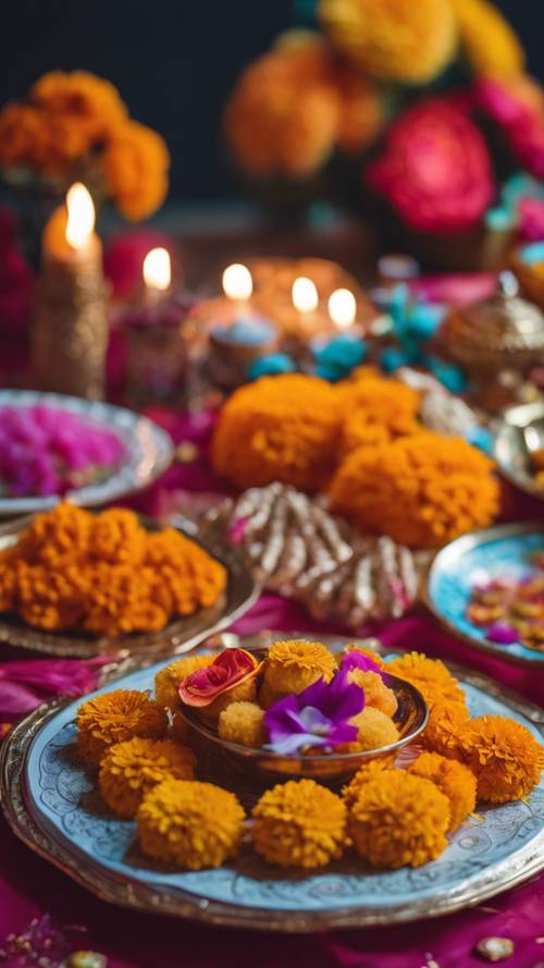 Ein Teller voller reichhaltiger, köstlich aussehender Diwali-Süßigkeiten und Snacks, platziert auf einem mit Ringelblumen dekorierten Tisch.