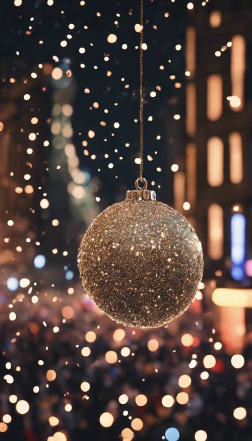 An aesthetic rendition of a New Year's Eve ball drop in a busy city square.