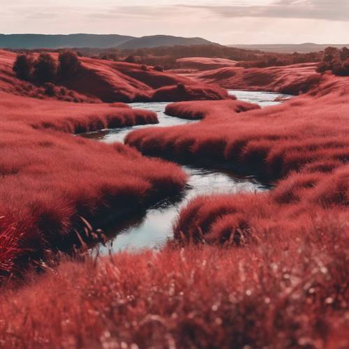 A river winding through a landscape of red grass.