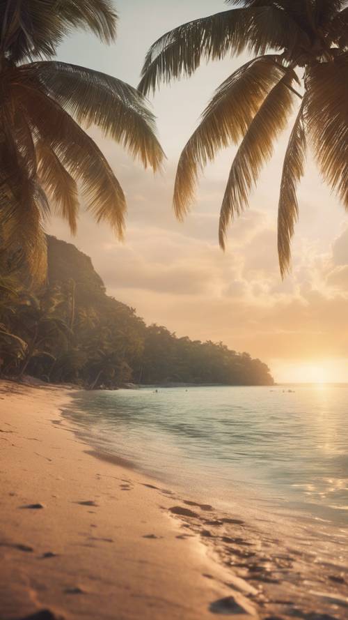 Una serena escena de playa tropical vintage durante la puesta de sol