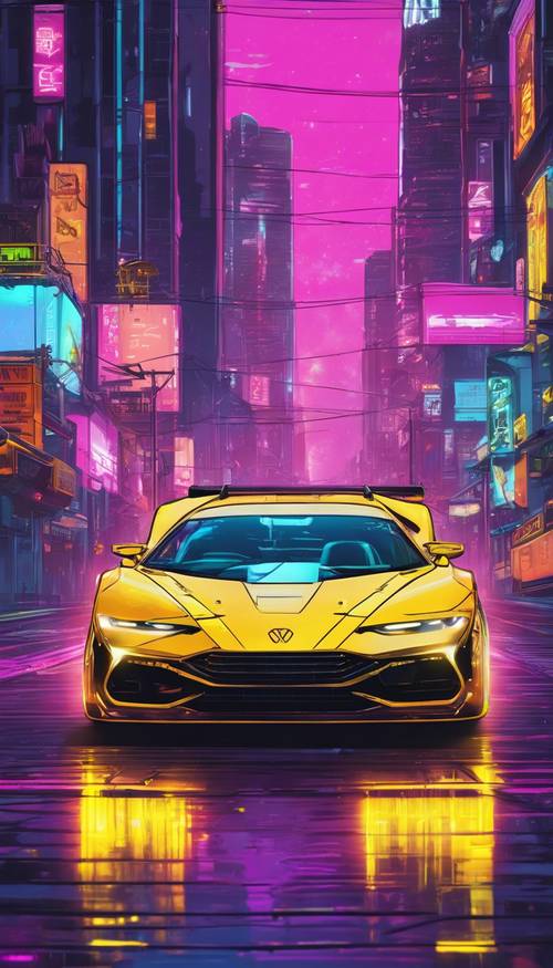 Mobil kuning futuristik dengan lampu depan holografik, melaju di jalan raya yang diterangi lampu neon.