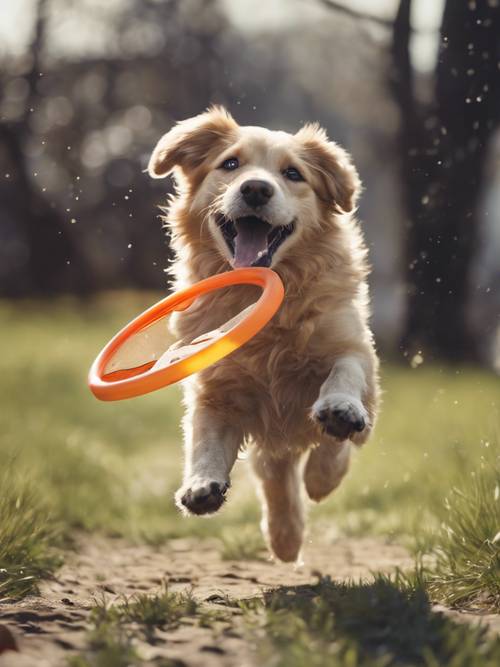 Representasi minimalis dari seekor anak anjing lucu yang dengan gembira mengambil Frisbee.