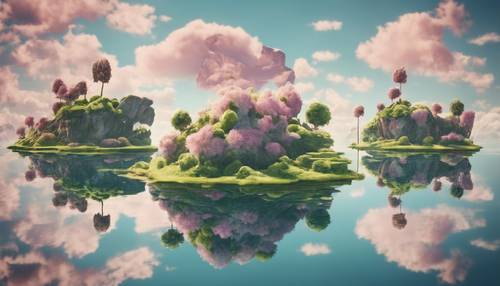 Uma paisagem surreal de ilhas flutuantes, com a terra e a vegetação estampadas em xadrez pastel.