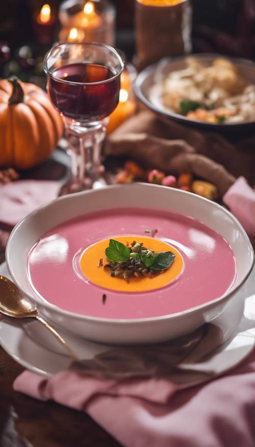 Sopa de abóbora rosa sendo servida como aperitivo no jantar de Ação de Graças.