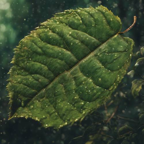 A leaf, painted a deep shade of forest green, in the canvas of a renaissance painting.