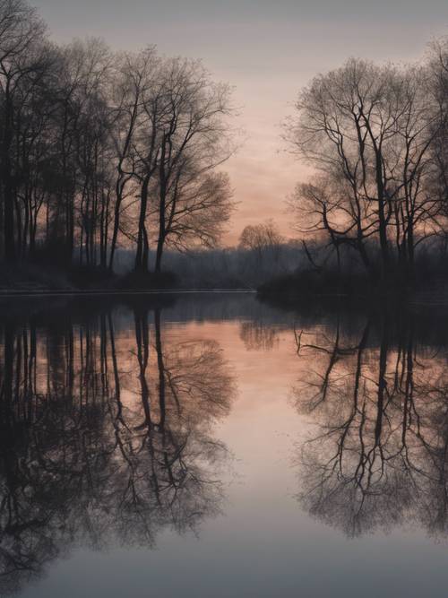 A quiet, still lake at dusk, the trees' reflections on the water surface forming the phrase 'Depression is a war with oneself'.