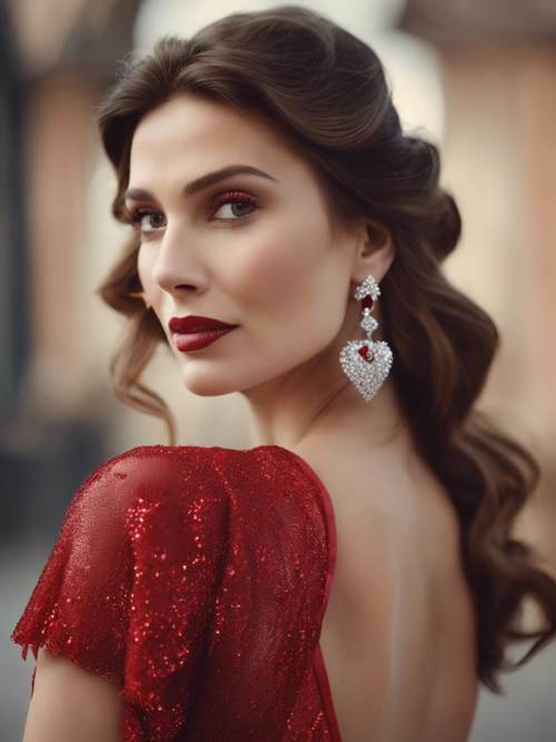 Kırmızı bir elbiseyle süslenmiş, zarif bir şekilde parıldayan kalp şeklinde elmas küpeler takan zarif bir kadının portresi.
