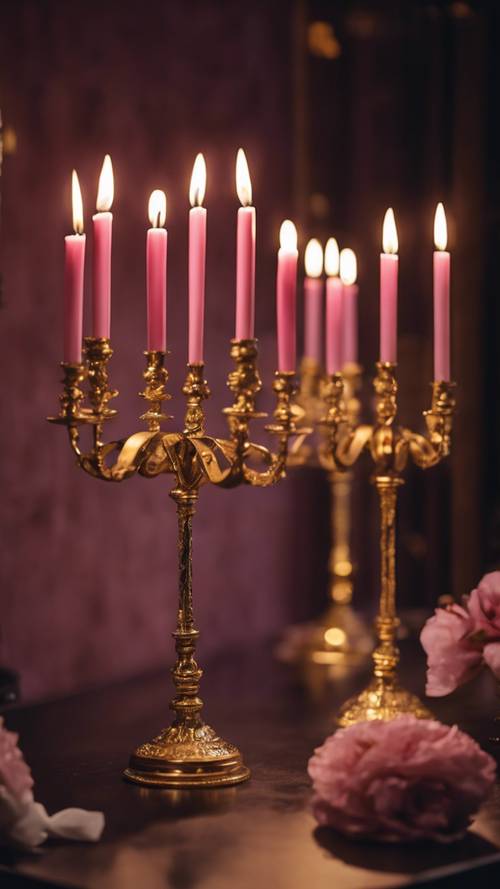 شمعدانات ذهبية أنيقة مع شمعدانات وردية تضيء غرفة مظلمة.