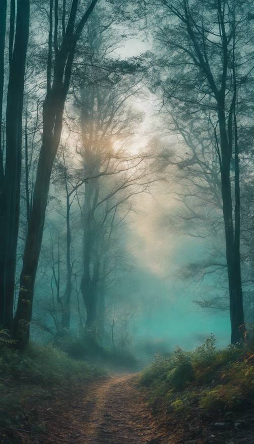 Un sereno paesaggio verde acqua con una foresta nebbiosa all&#39;alba