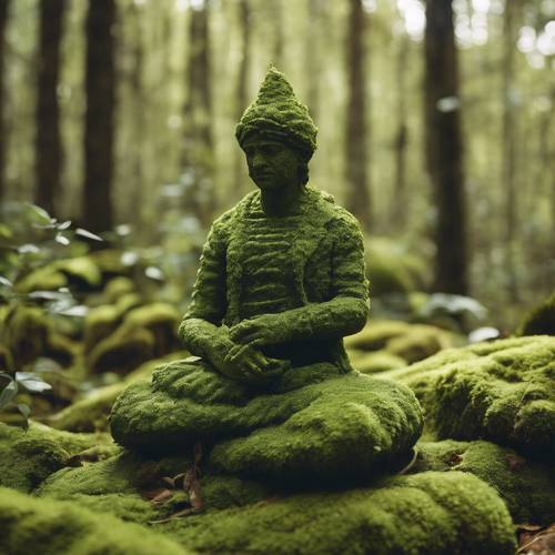 A green moss covered brown stone statue in a forest.