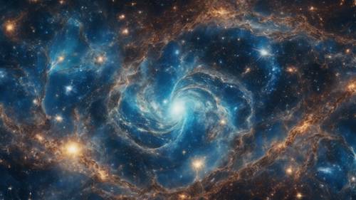 Galaksilerin, yıldızların ve gök cisimlerinin iç içe geçerek evren mavisi bir duvar halısı oluşturduğu kozmik bir rüya.