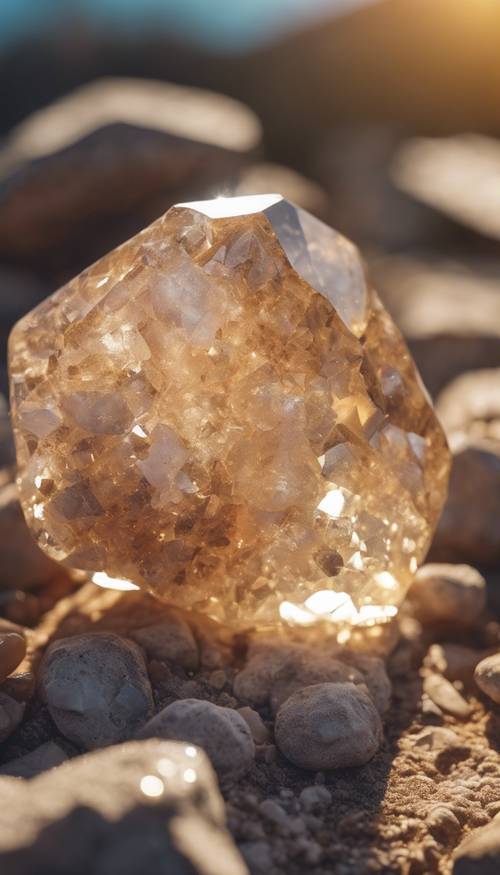 一块巨大闪亮的石英岩在柔和的阳光下闪闪发光。