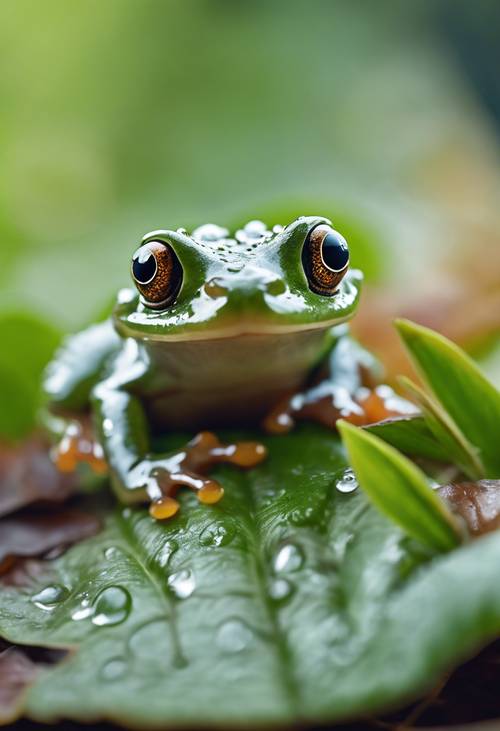 Una linda ranita bebé con grandes ojos marrones, arrastrándose con cuidado sobre una hoja cubierta de rocío.