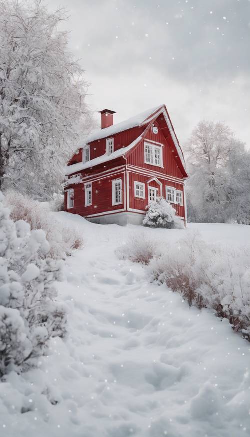Gambaran damai dari rumah pedesaan kecil berwarna merah dan putih yang tertutup salju.