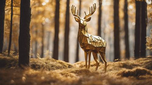 A gold geometric forest with a geometric deer peeking through the trees.