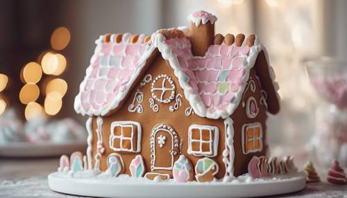 Uma linda casa de pão de gengibre com um esquema de cores pastel e detalhes em glacê branco.
