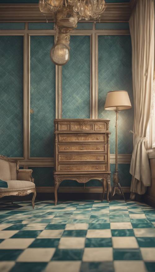 An ornate vintage teal and beige checkered wallpaper in a room with antique furniture.