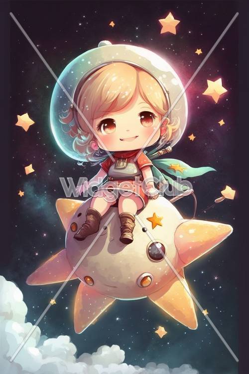 Cute Astronaut Girl Riding a Star in Space