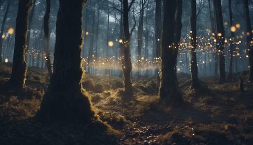 An ethereal night view of a forest, bathed in moonlight, where cute, luminescent creatures flutter around.