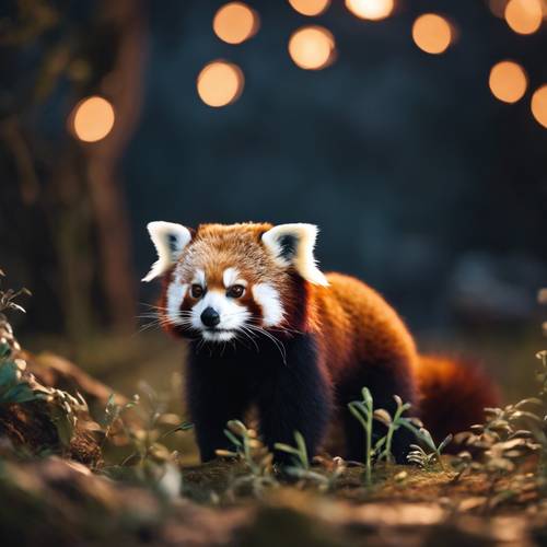 Un escenario nocturno con un Panda Rojo mostrando sus actividades nocturnas.