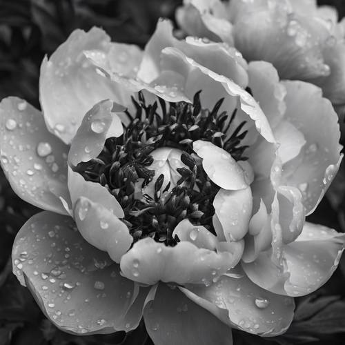 การเกิดใหม่ของดอกโบตั๋นสีดำและสีขาวหลังฝนตกเล็กน้อยในฤดูใบไม้ผลิ