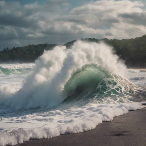 A giant wave crashing on a tropical beach during a storm