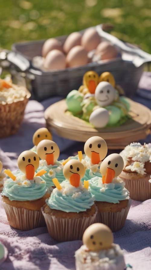 Pique-nique familial en plein air à Pâques, avec des œufs durs souriants et des cupcakes garnis de carottes.