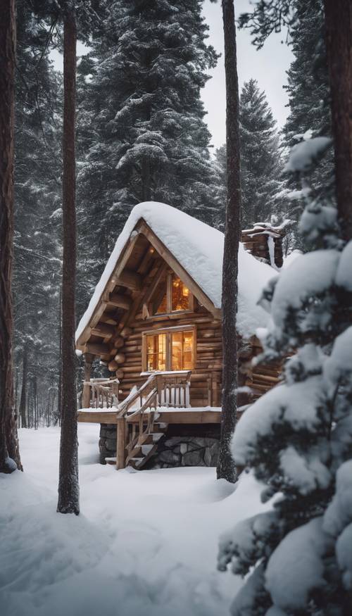 一间舒适的冬季小屋，隐藏在白雪覆盖的松树林中。